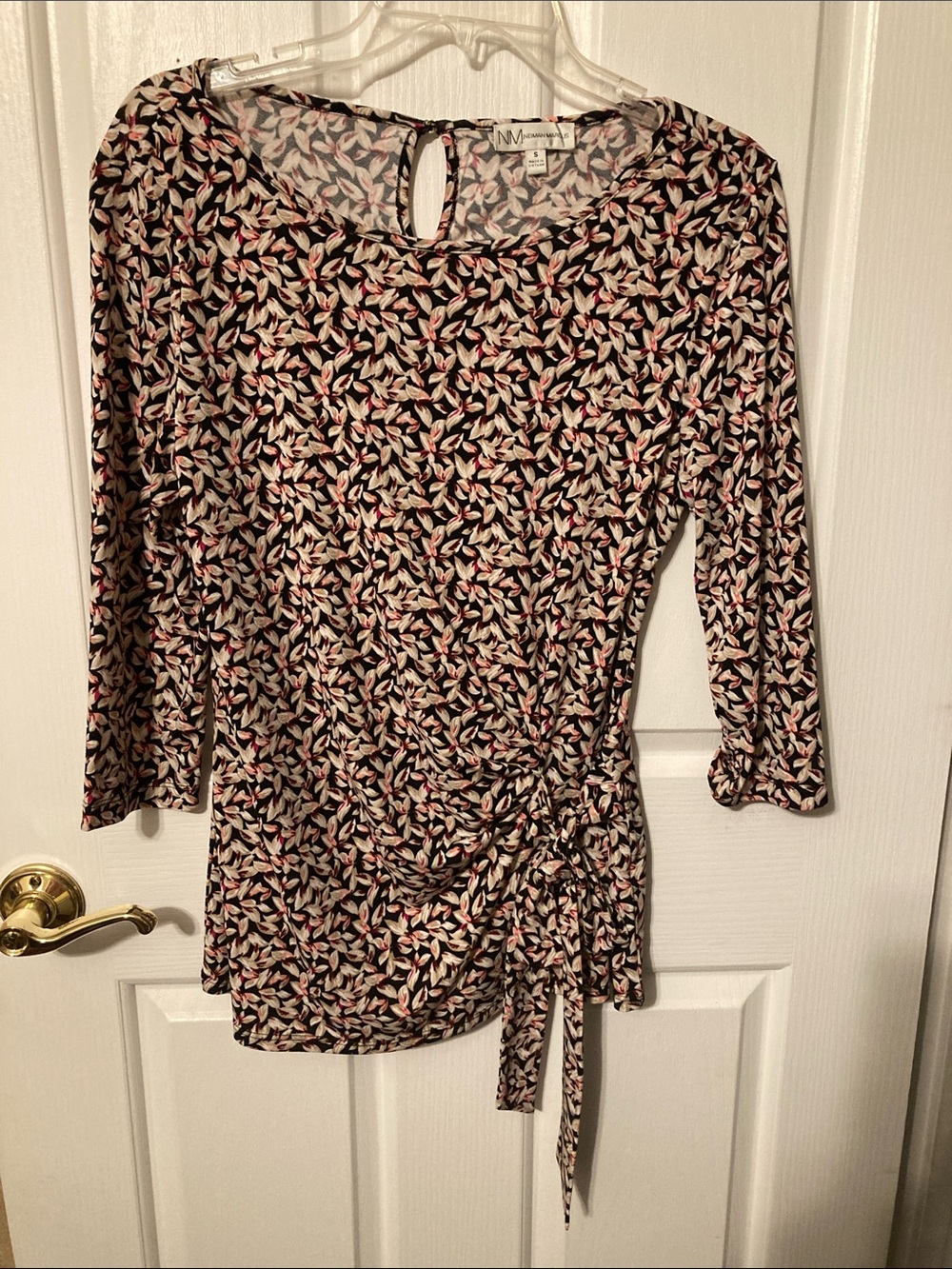50% off in 3+ bundle, Neiman Marcus Black Leaf-Print Tie-Side Stretchy Top